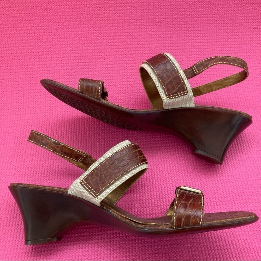 LIZ CLAIBORNE BROWN FAUX SNAKESKIN/CANVAS LEATHER SANDALS/HEELS size 10… - Picture 5 of 7